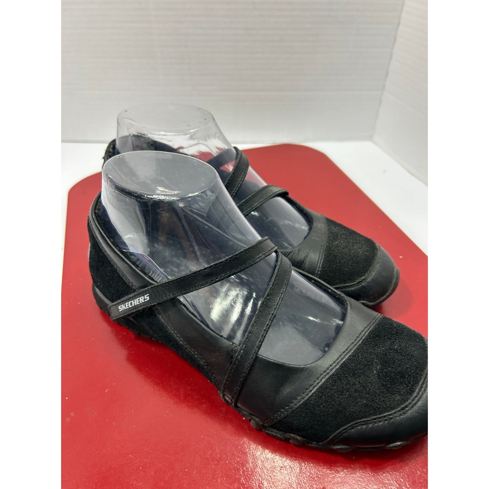 Skechers Mary Jane Flats 6.5 Black Leather Suede Crisscross Strap Y2K Style - Picture 3 of 10